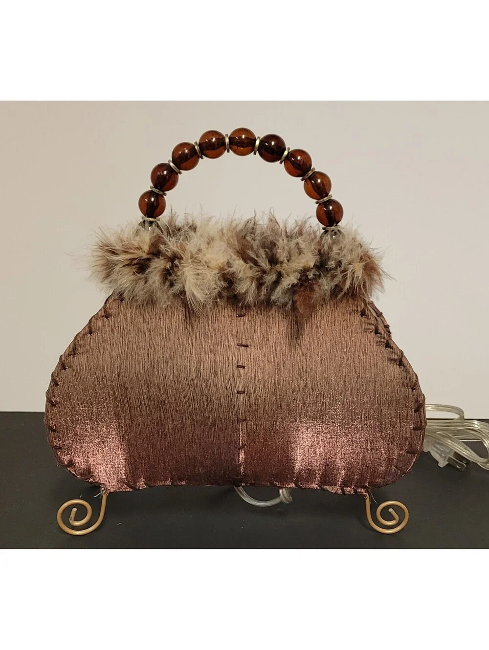 Vtg Style Boutique Purse Lamp Fur Feathered Light Handbag Beaded Deco Boudoir